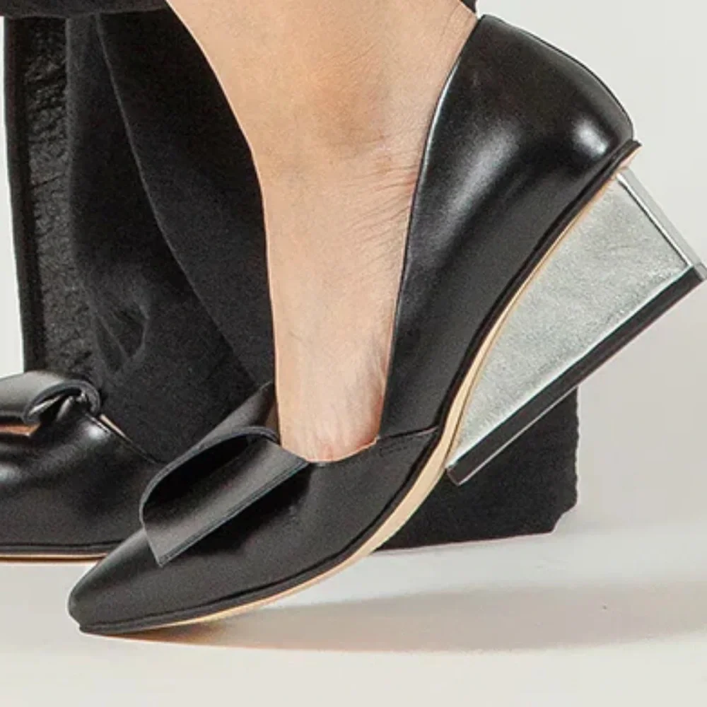 Like New Luxury Black Leather Wedge Heels – Half Bow – $215 Retail.